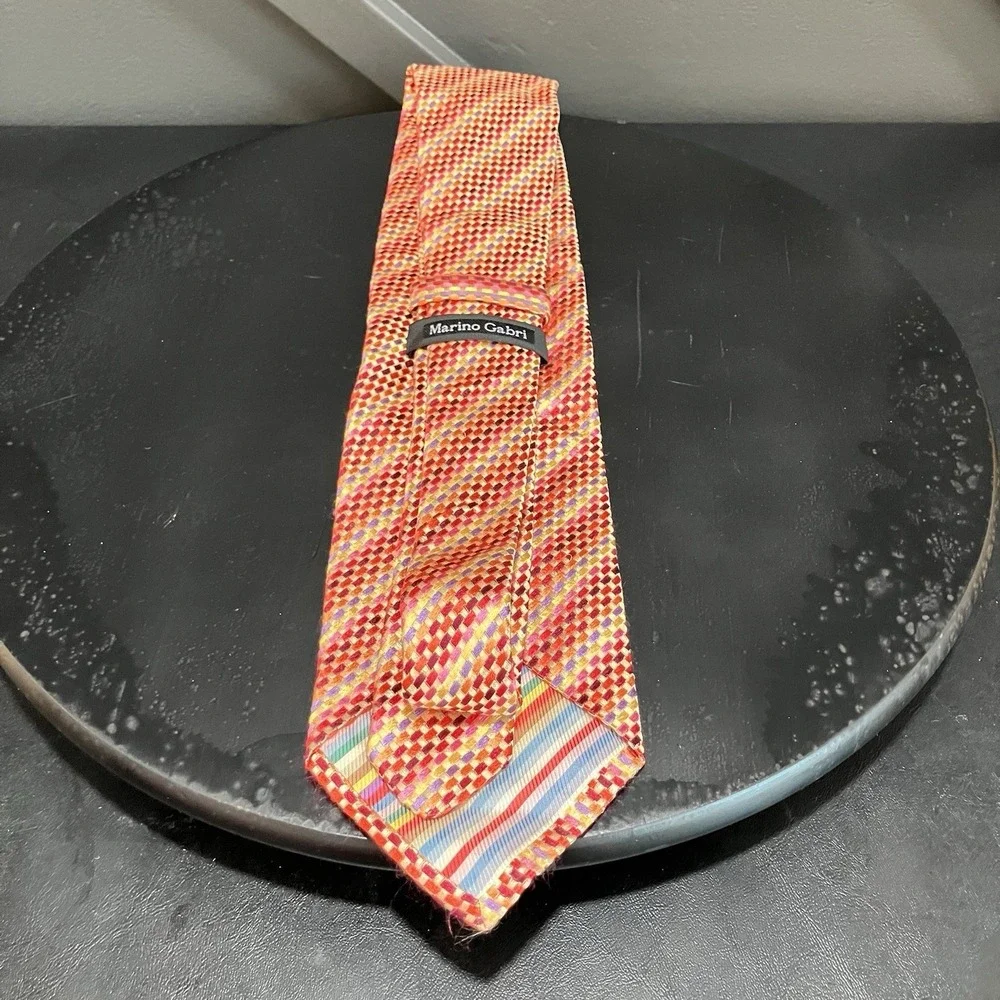 Marino Cabri 100% Silk Woven Basket Weave Neck Tie Red Orange Pink Purple Italy